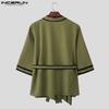 INCERUN 2PCS Men Lapel Neck 3/4 Sleeve Stitching Belt Shirt Long Wide Leg Pants Sets Outfits