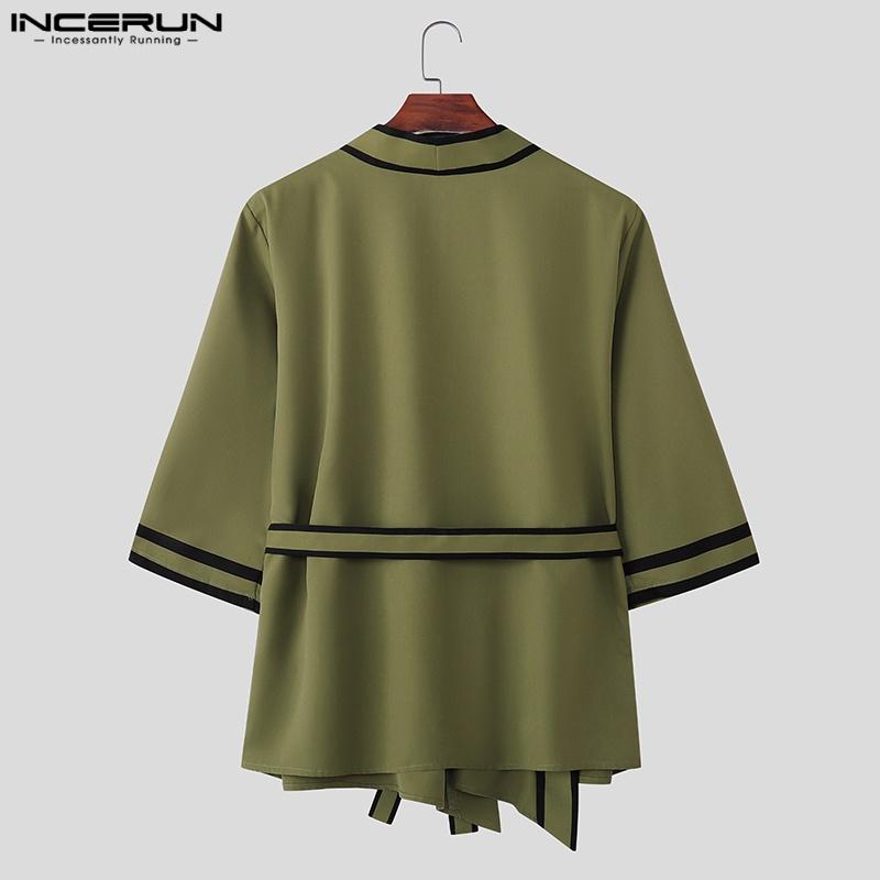 INCERUN 2PCS Men Lapel Neck 3/4 Sleeve Stitching Belt Shirt Long Wide Leg Pants Sets Outfits