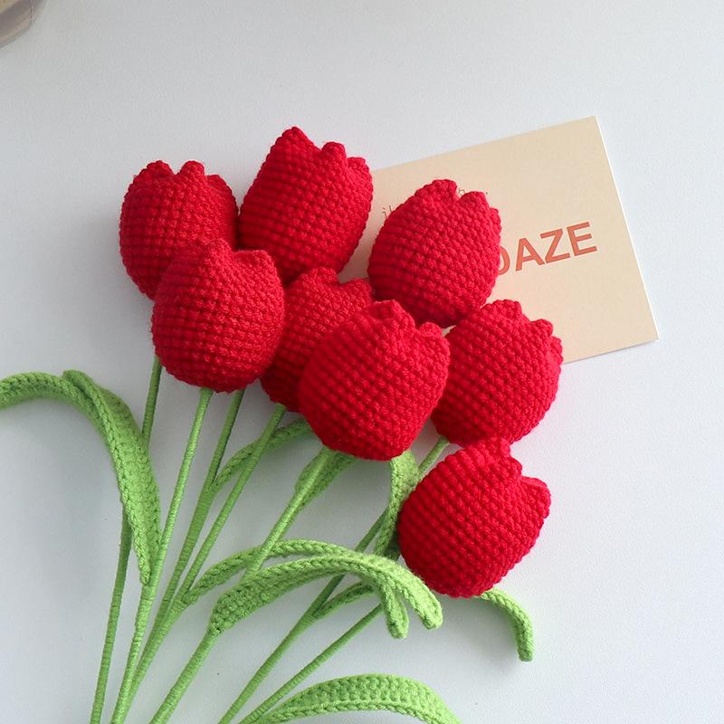 Handmade Crochet Tulip Bouquet Artificial Flower DIY Gift for Mother Teacher BirthdayGraduation Valentine Home Decor Accessories