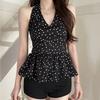 Korean Black Polka Dot V-neck Neck Vest Women's Summer New Flower Design Bud Waist Beauty Back Outer Top