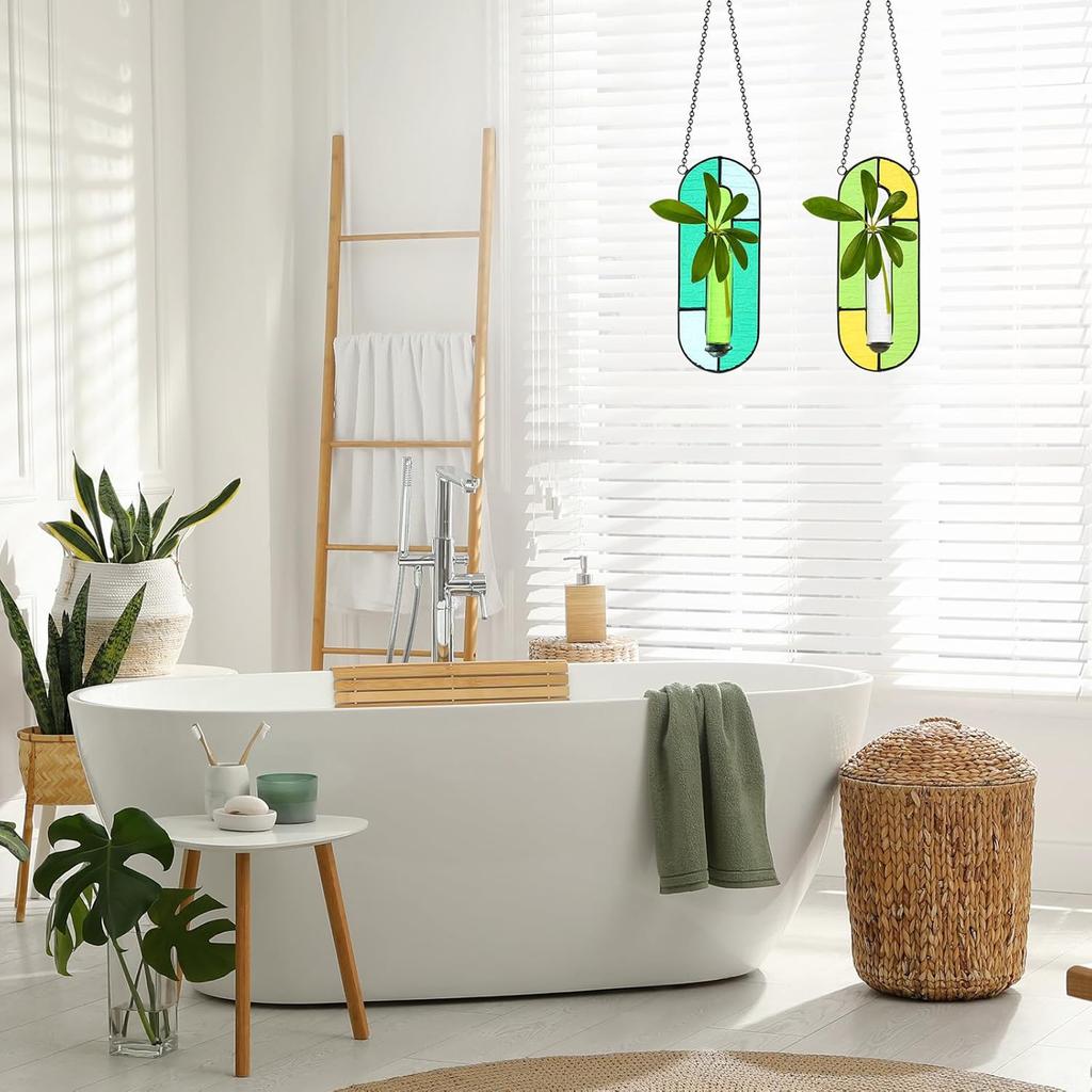 2 Sets Stained Glass Plant Propagation Station with Glass Tubes and Chain Hanging Terrarium Wall Plant Holder Decor for Living Room Window