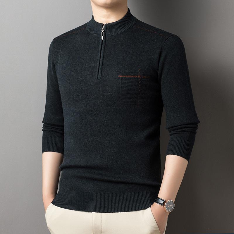 Halbhoher Reißverschlusspullover für Herren im Winter, dicker, warmer, von Vater installierter Herrenpullover mittleren Alters, einfarbiges, gestricktes Unterhemd aus Wolle