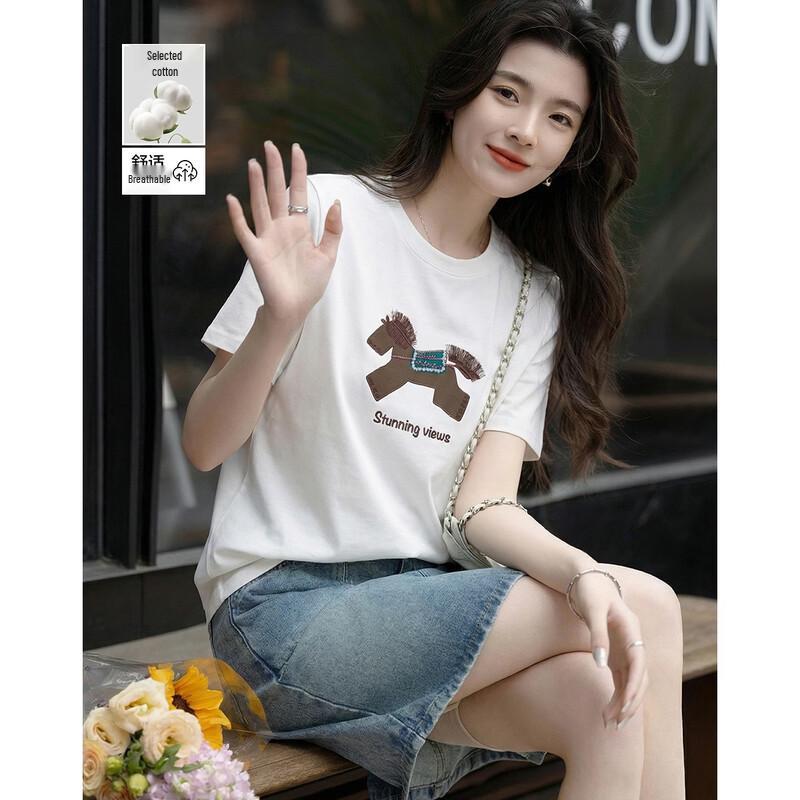 Demana Cool-Feel Sorona Women s Round Neck T-Shirt with Pony Print & Tassel Embroidery S