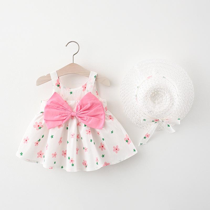 A749 Summer Baby Girl Princess Dress with Big Bow & Flower Skirt, Includes Hat, for Ages 1-4