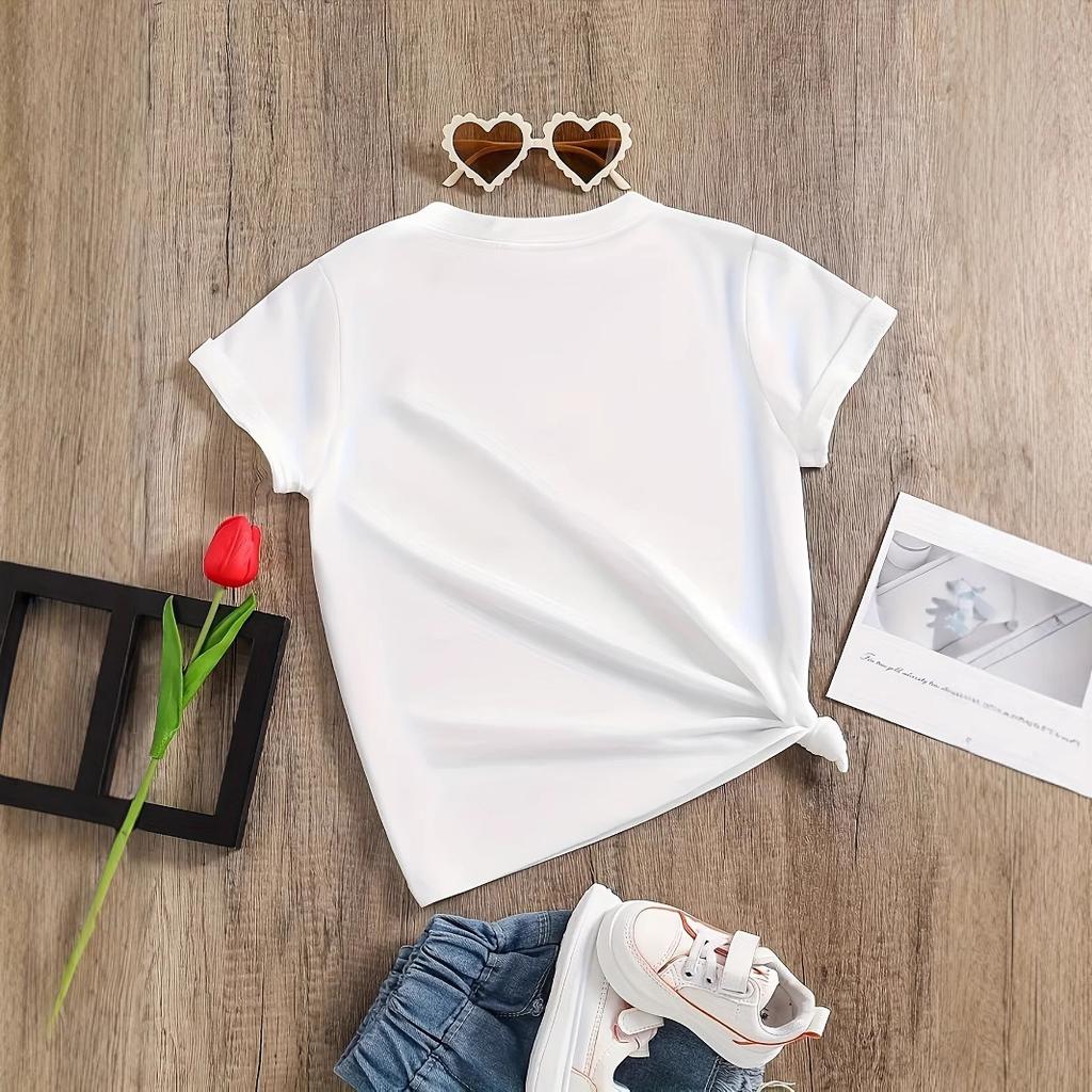 Girls Pink Ballerina Girl Printed Round Neck Short Sleeve T-shirt Summer Kids Casual T-shirt