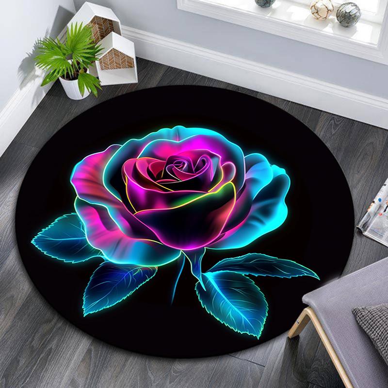 Rainbow Rose Round Area Rug,Carpet Rug for Living Room Bedroom Sofa Playroom Decor,Non-slip Floor Mat
