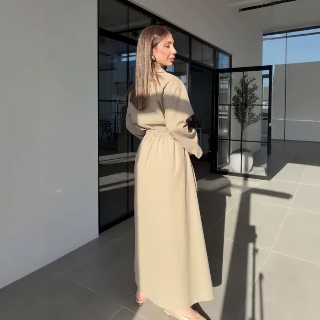 European and American women's clothing new elegant intellectual style solid color long-sleeved shirt high waist wide swing skirt set