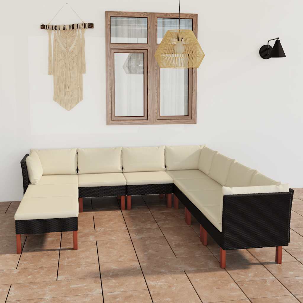 9 piece Garden Lounge Set with Cushions Poly Rattan Black