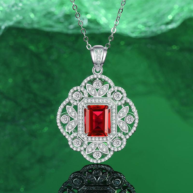 Vintage-Inspired S925 Sterling Silver Necklace Pendant with Emerald and Pigeon Blood Red-Blue Gem for Women S925 Silver