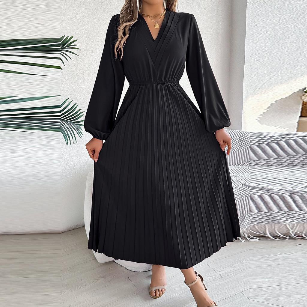Women's Fashion Retro Color Elegant V-Neck Long Sleeve Waist Pleated Dress
