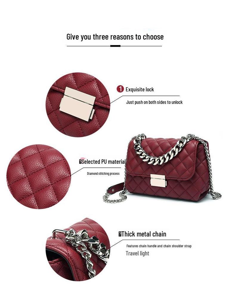 Korean Soft Leather Diamond Chain Crossbody Bag - Women's Trendy, All-Match, Small Square Design with Lock