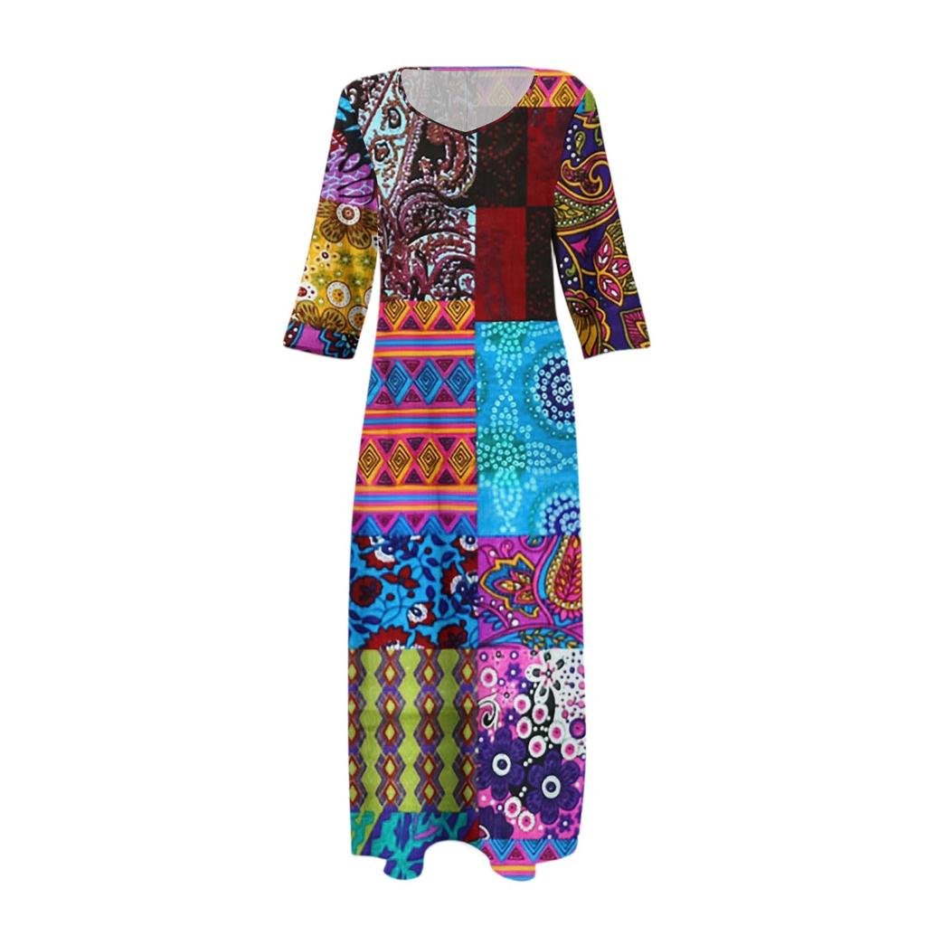 Dresses For Womens Vintage Print Tunic Waisted Midi Dress Summer Casual  3/4 Sleeve Dress