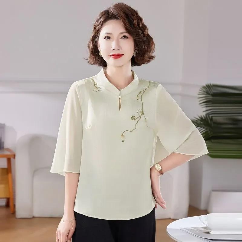 Chinese Style Mandarin Collar Blouse Women's Half Sleeve Embroidered Chiffon Casual Elegant Top