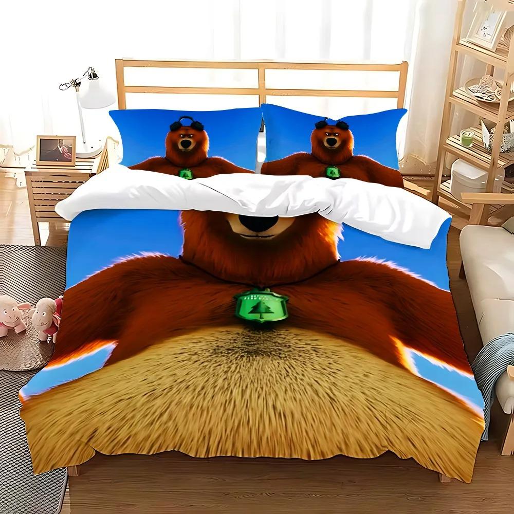 Ensemble de literie Ours Grizzly Dessin Animé et Petites Souris Bleues Enfants Adultes Décor de Chambre Ensemble 2/3 pièces Housse de couette Taie d'oreiller Taille Cadeau 135x200cm (3pcs)