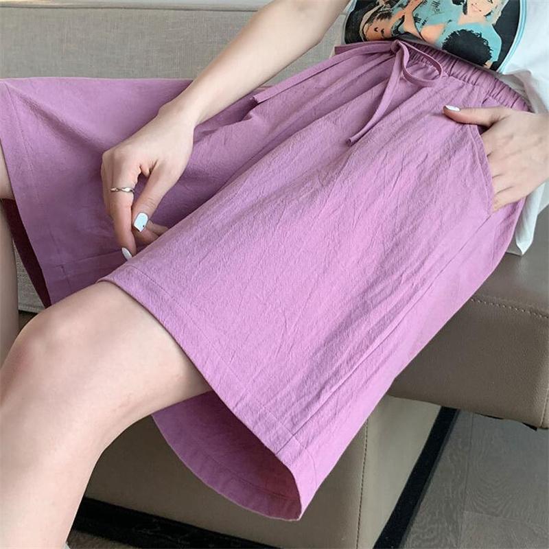 Pantaloni de vară pentru femei, din bumbac, din in, de culoare solidă, cu talie elastică, pantaloni până la genunchi