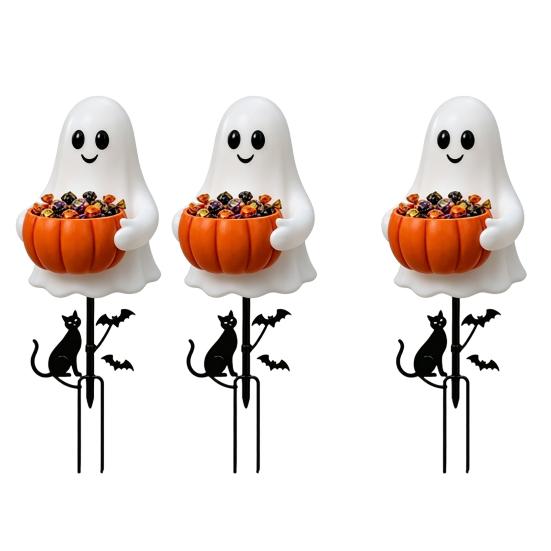 Decorative Soil Insert Signs Halloween Ghost Candy Bowl Garden Stake, 2D Flat Pumpkin Holder with Cat Spooky Bucket Sign And Bats, Trick or Treat