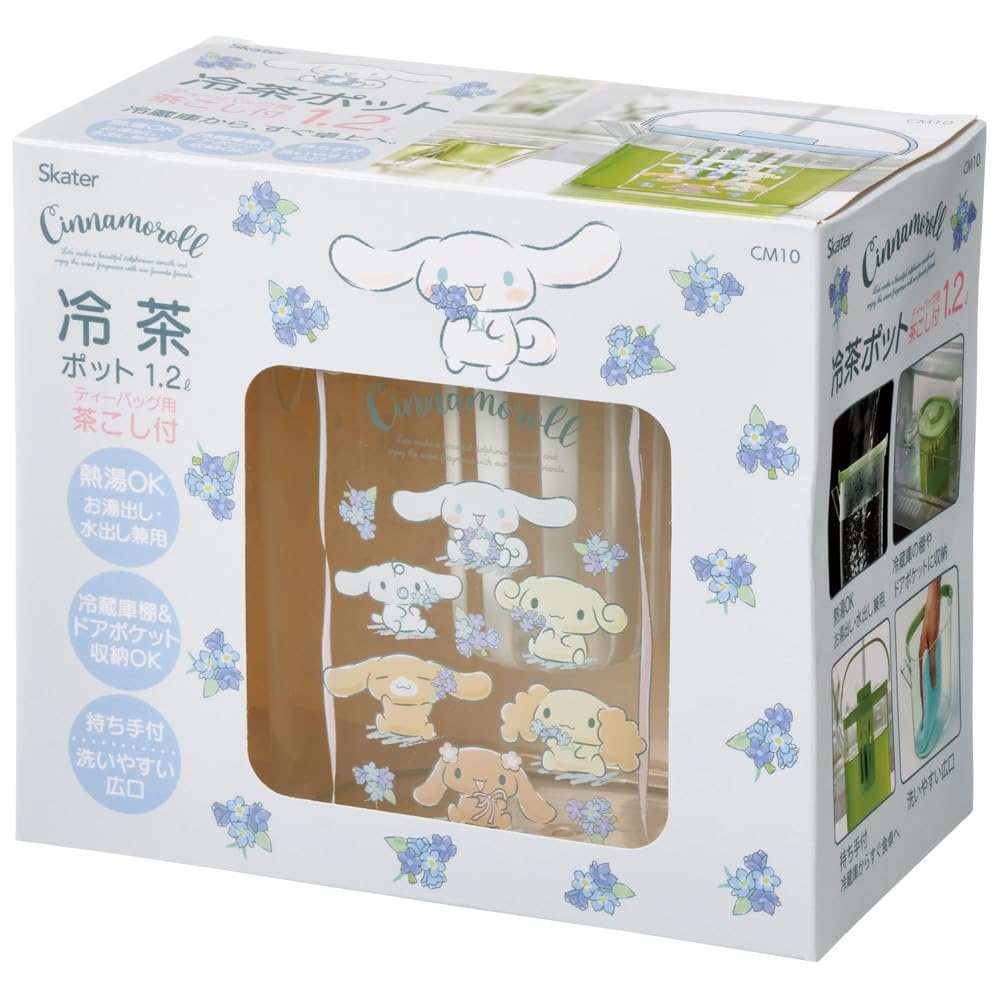 Skater Cold Tea Pot with Can Hold Boiling Cinnamoroll Flower Sanrio Design CM10-A Strainer, 1.2L Capacity, Heat-Resistant, Water, Wreath,