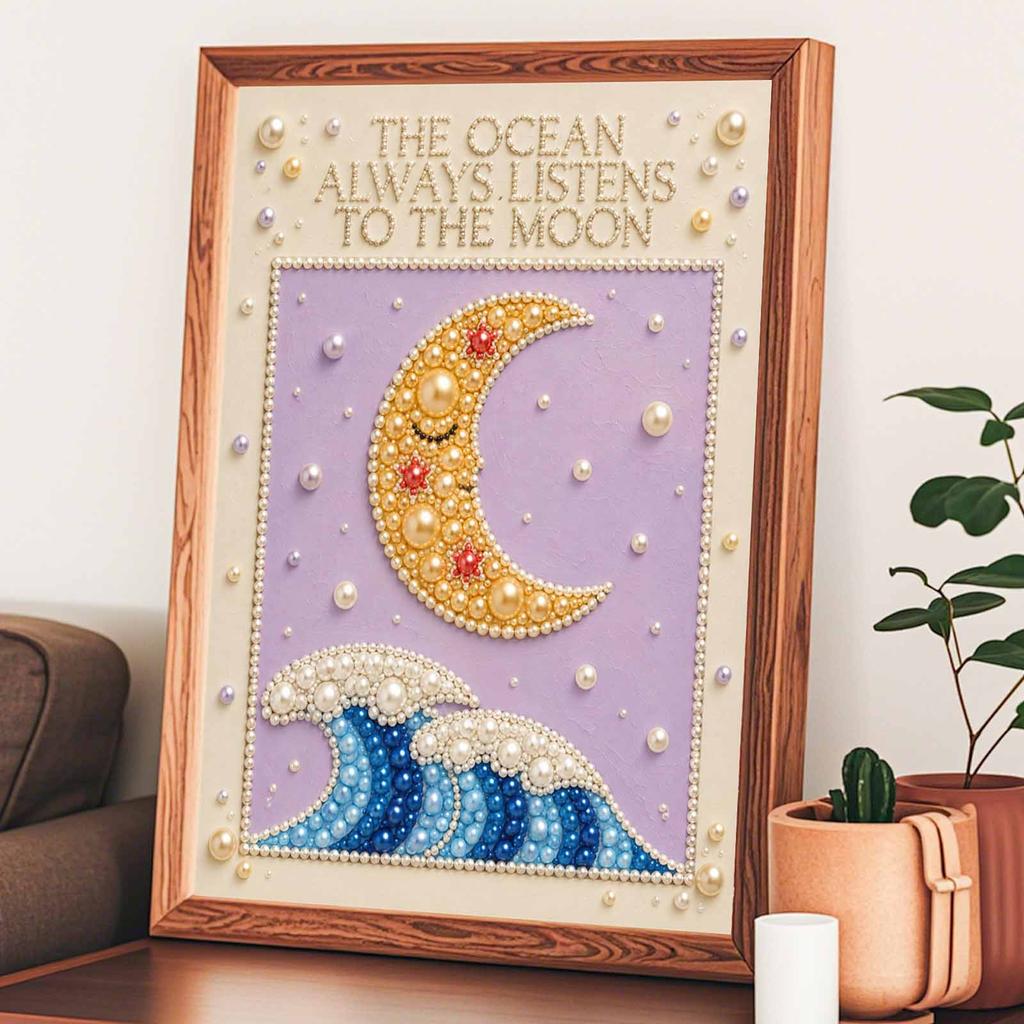 Unique 5D Framed Pearl Painting Kit with Ocean Moon and Waves Pattern Sparkling Bead Art Canvas DIY Handmade Craft for Living Room Decor