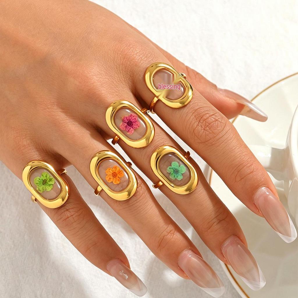 Women's Forest Style Stainless Steel Ring with Dried Flower and Transparent Enamel