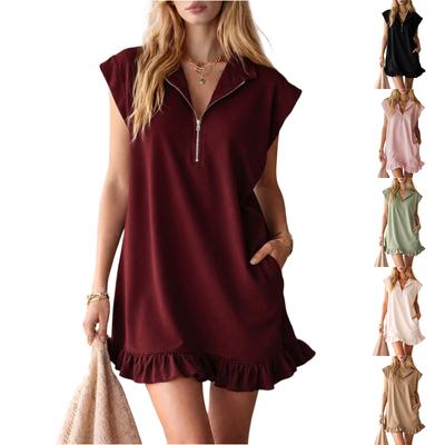 Fashionable Women's Sleeveless Double Pocket Dress With Zipper V-neck Ruffle Edge A-line Skirt For Women