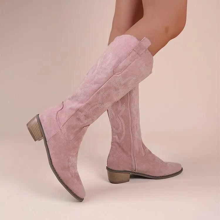 Fashion Women Boots Embroidered Western Cowboy Boots Spring Autumn Pointed Toe Thick Heel High Knee Boots PU Leather Long Boot Botas New