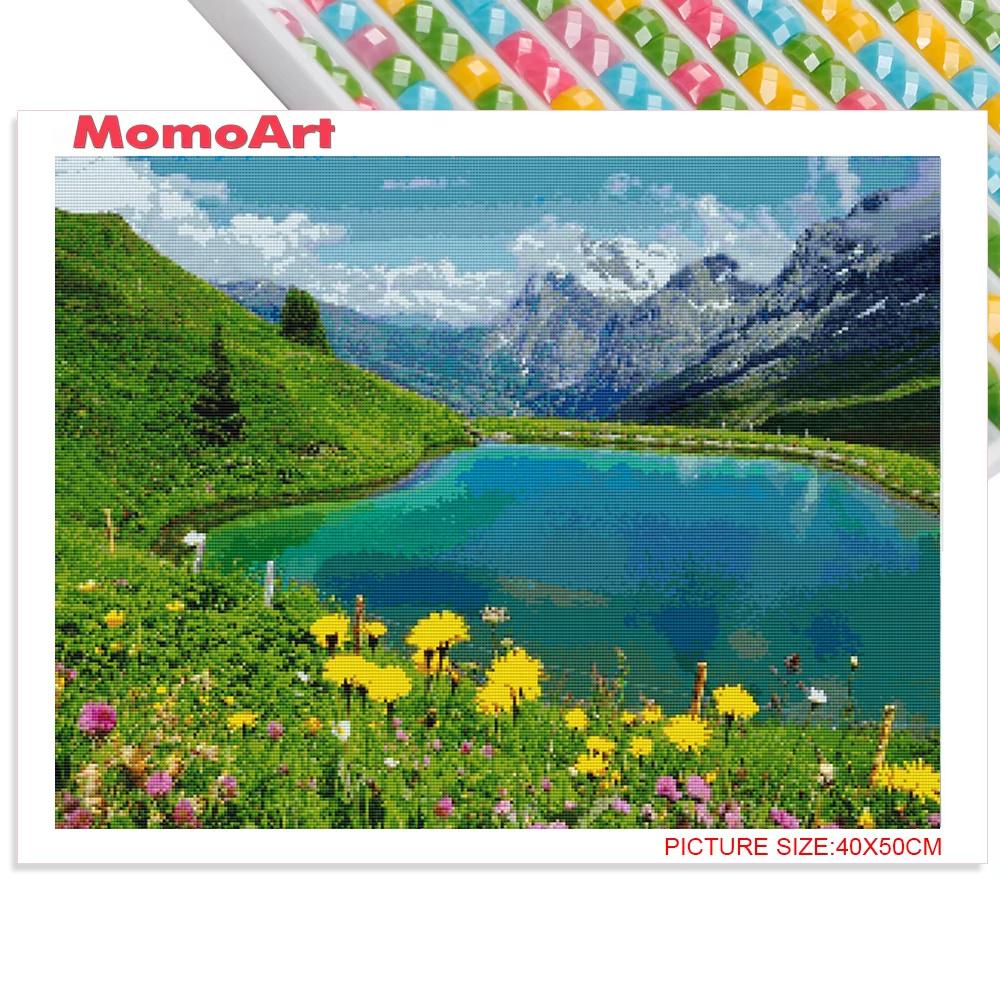 MomoArt Diamond Painting Blumen Vollrunde Bohrer Diamantmosaik Berg 5D DIY Kunst Perlenstickerei Landschaft Heimdekoration