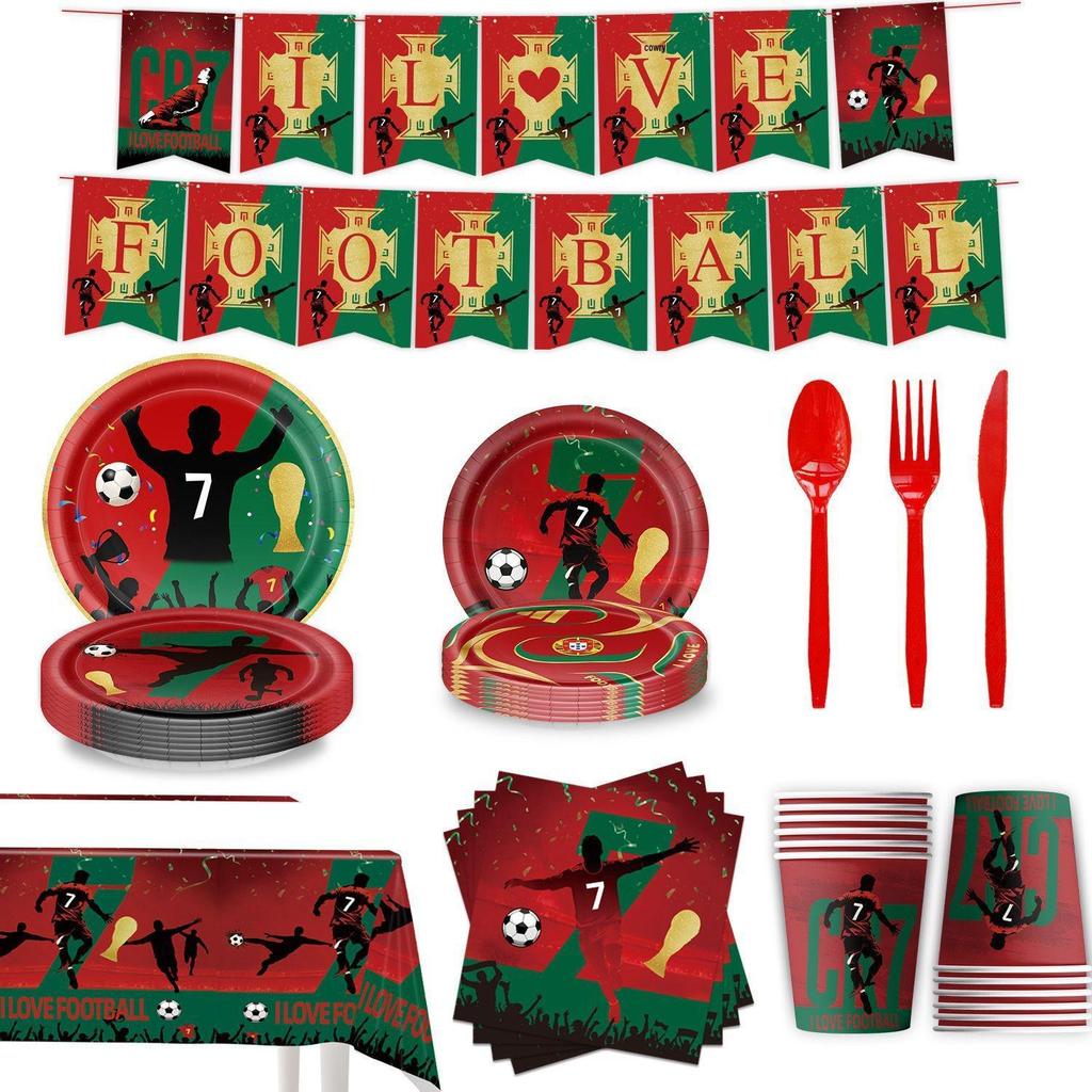 CR7 World Cup Star Fan Party Set: Plates, Cups, Napkins, Tablecloth, Banner & Decorations.