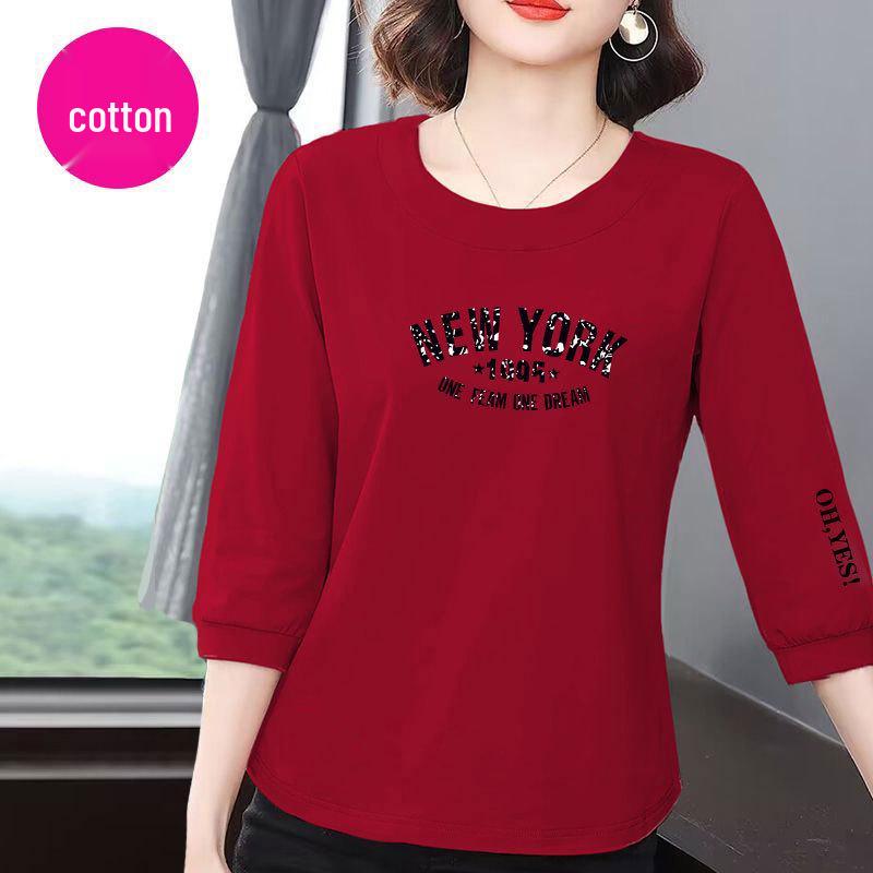 2025 Women's Korean Style Cotton Seven-Sleeve T-Shirt: Summer Casual, Loose, Slimming, Versatile Belly-Covering Top