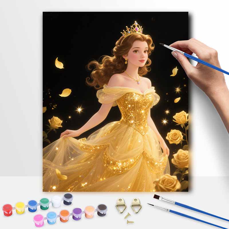 Disney Princess In Golden Dress Painting by Numbers Hand Filled Drawing Art Kit Home Decor