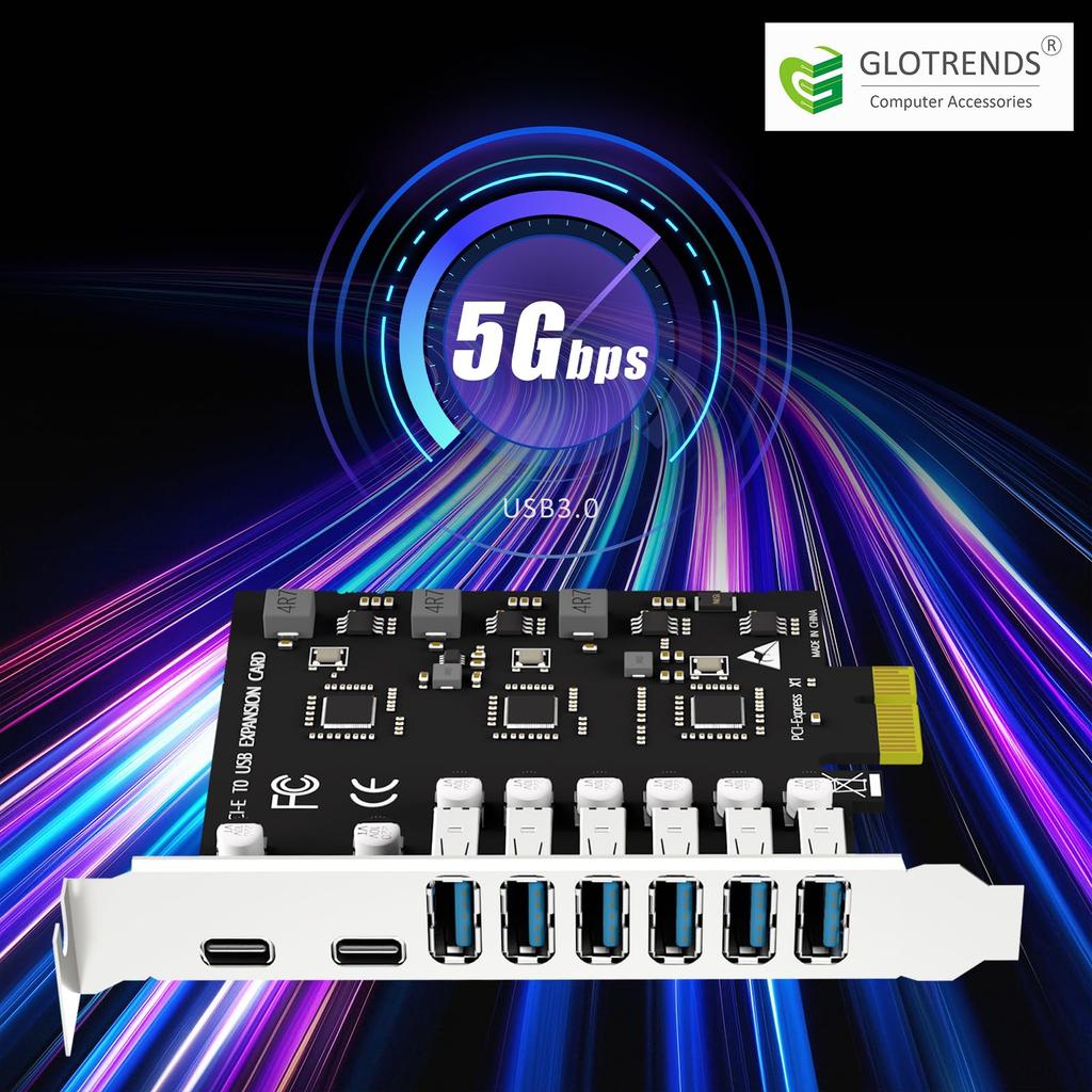 GLOTRENDS U6A2C 8 Port x 6 x USB 5Gbps PCIe Expansion Card for ARM Supports Windows and Linux Supports Mac (2 Type-C+ Type-A) 3.0 Intel, AMD,