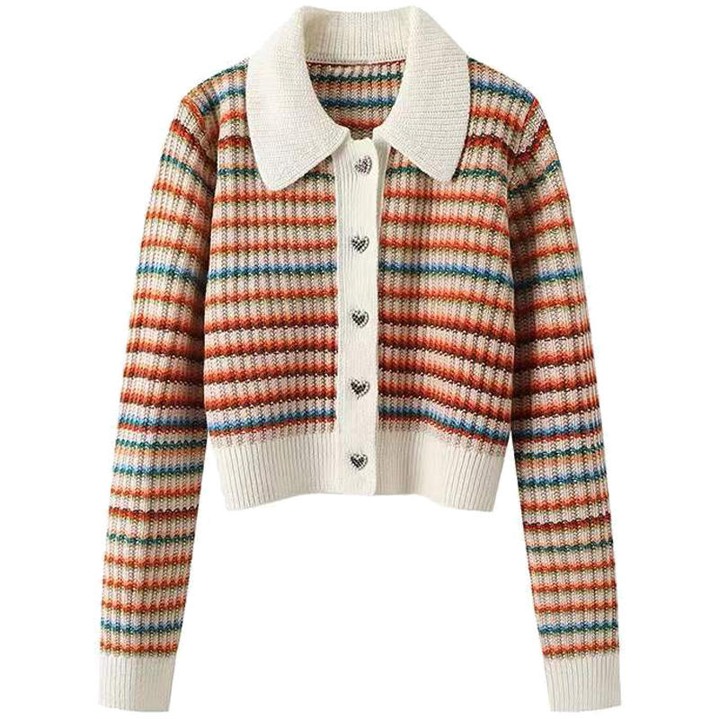 

Women s Colorful Spring Autumn Vintage Stripe Sweater Striped Knitted Cardigan Short Top XXS разноцветный