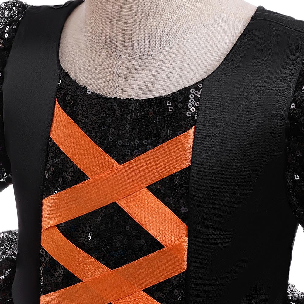 Girls' Halloween Sequin Princess Dress with Puff Sleeves and Puffy Skirt