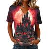Women's Casual V Neck Pullover Top Halloween Themed Graphic Print Short Sleeve T Shirt Lightweight Comfortable Fit