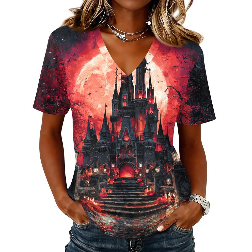 Women's Casual V Neck Pullover Top Halloween Themed Graphic Print Short Sleeve T Shirt Lightweight Comfortable Fit