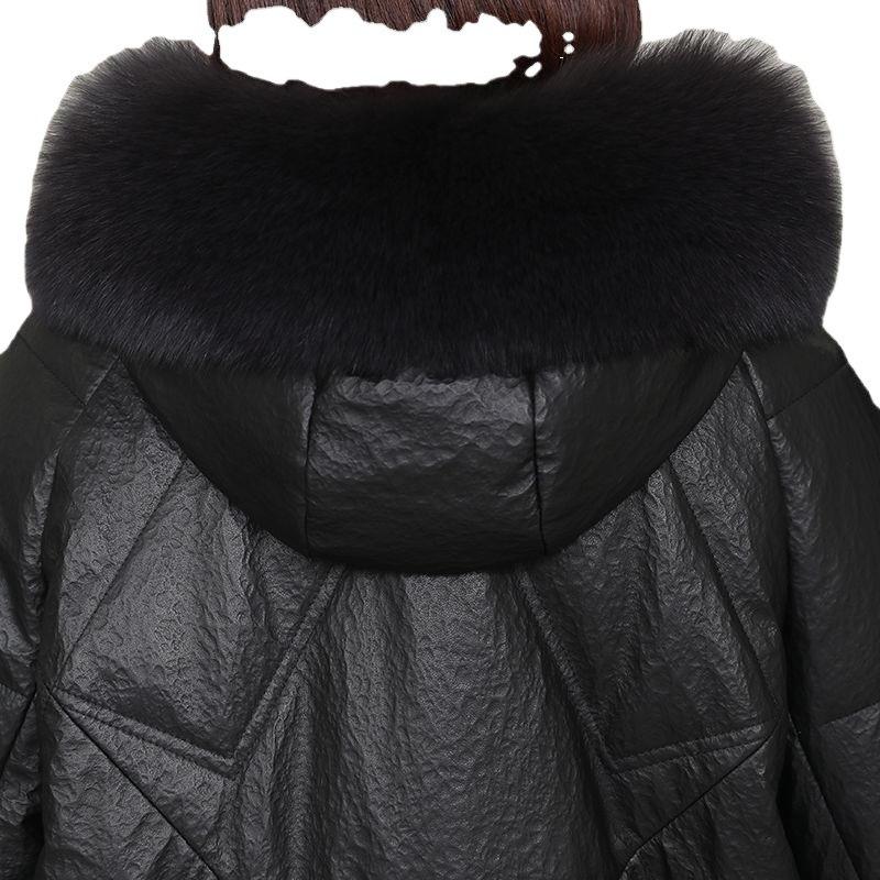 Pu Leather Down Cotton Clothes Women's Winter New Hooded Casual Version Stone Pattern Imitation Sheepskin Jacket Medium and Long