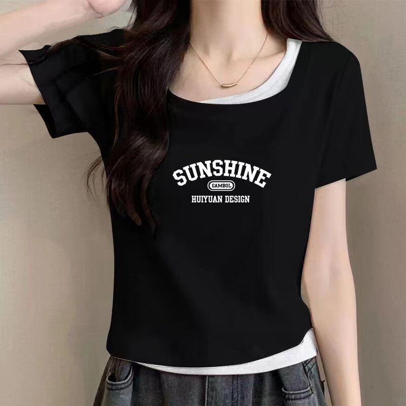 

2025 Summer Korean Style Petite Women s Color Block Cotton Slim Fit T-Shirt L (105-115 Jin)