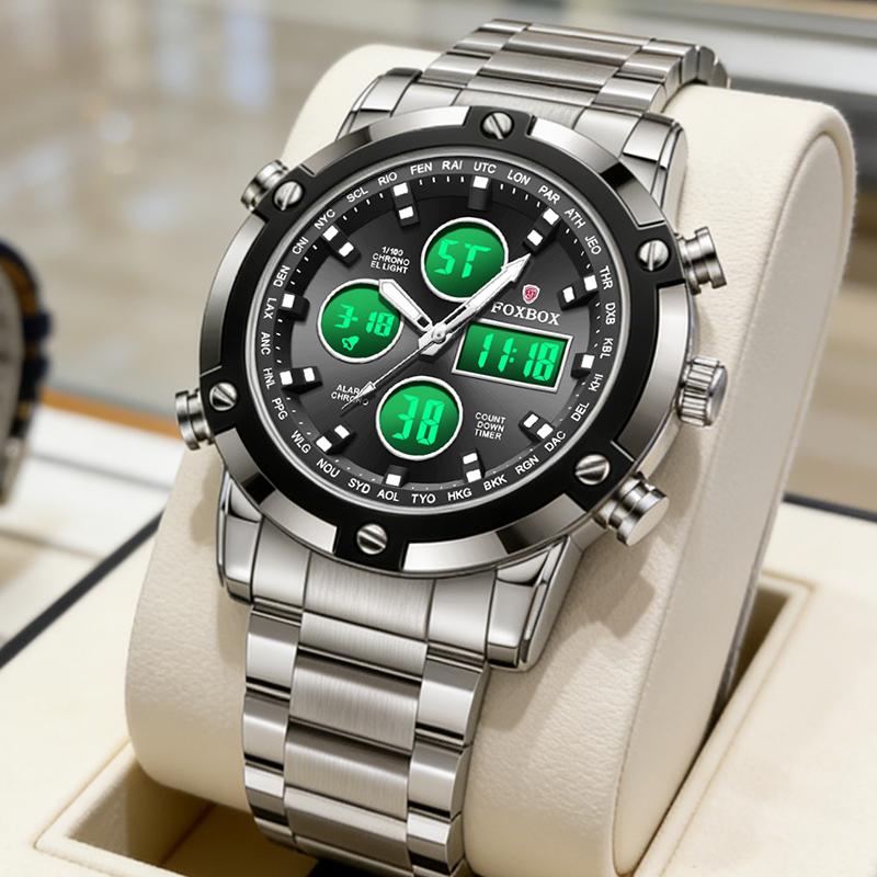 FOXBOX New Digital Mens Watch Fashion Dual Display Quartz Wristwatches Sport Waterproof Steel Luxury Watches Men Gift Reloj