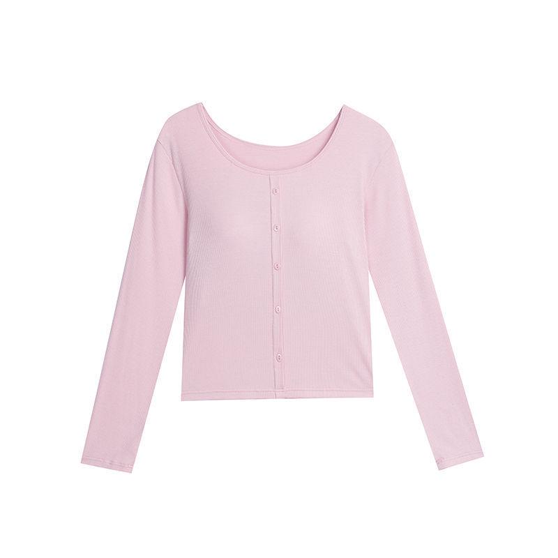 Трикотажная модальная майка с подушечками - Универсальный топ с длинным рукавом без бюстгальтера M (75-90 catty) розовый