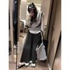 Korean Youthful Gray High Waist A Line Skirt with Lace Trim and Contrast Color Slimming Flared Mid Length Wool Skirt