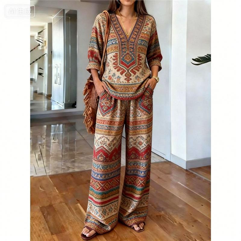 Printed temperament top wide-leg pants two-piece women's clothing European and American fashion suit