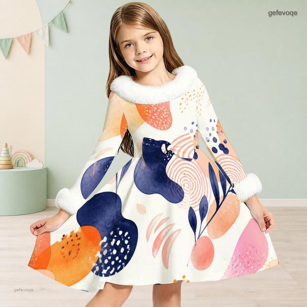Girls Furry Trim High Neck Long Sleeve Printed Tie Waist A Line Flared Dress