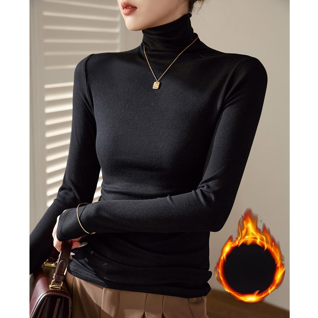 Threaded Cotton High-neck Base Shirt for Women Long-sleeved T-shirt Autumn and Winter Clothes Slim Fit and Shoulder Top