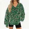 Women's Fashionable V-neck Christmas Printed Long Sleeved Casual Pullover Plush Warm Pocket Sweatshirt Top