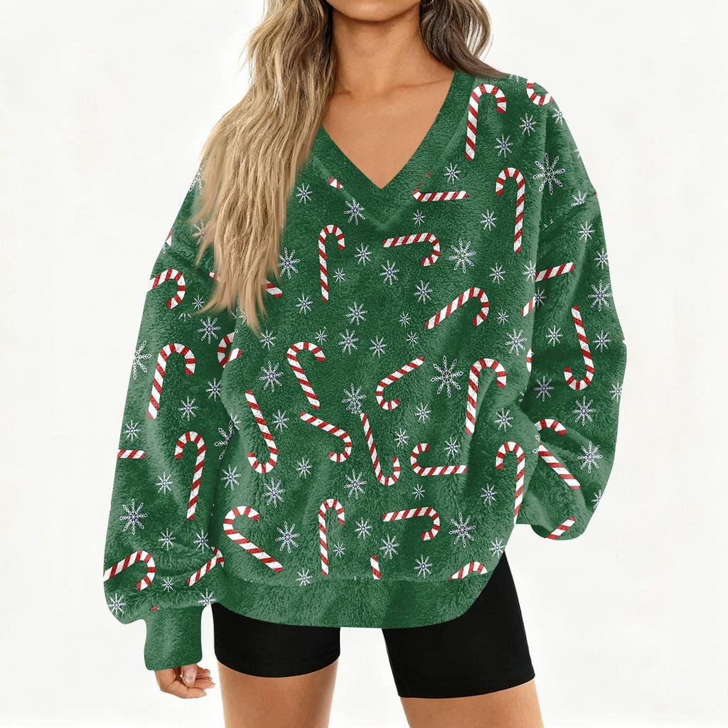 Women's Fashionable V-neck Christmas Printed Long Sleeved Casual Pullover Plush Warm Pocket Sweatshirt Top