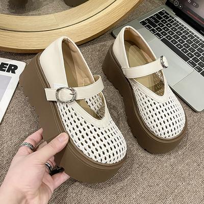 Hollow Woven Through Net Women's 2025 Spring and Summer New Mary Jane One-word Buckle with Shallow Mouth Thick Bottom Women's Single