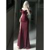Niche Red Temperament One-word Shoulder Dress Host Evening Dress Women's New High-end