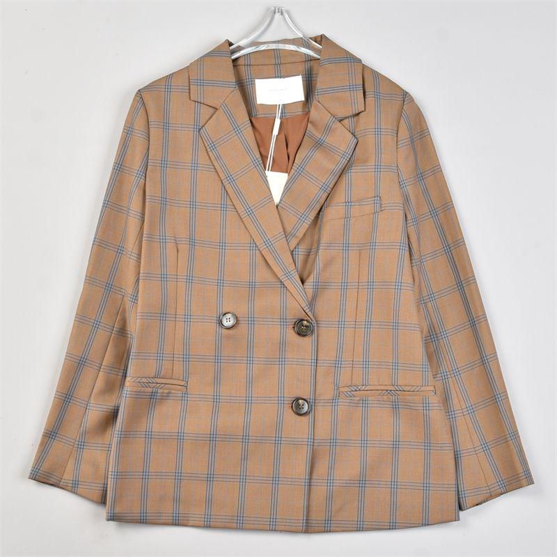 

High-Quality Retro Plaid Fleece Blazers Women L83242 Spring and Autumn New Loose Slimming Double-Breasted Suit 1 coffee S