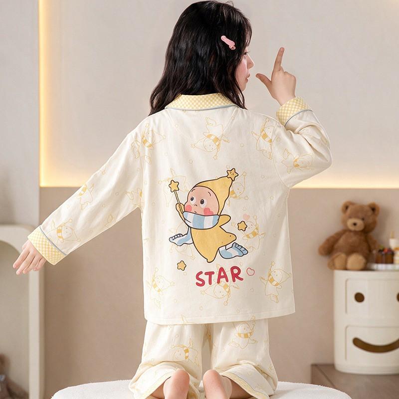 Girls Cotton Pajama Set Long Sleeve 2026 Cartoon Print Home Wear Ages 8 Comfortable Sleepwear