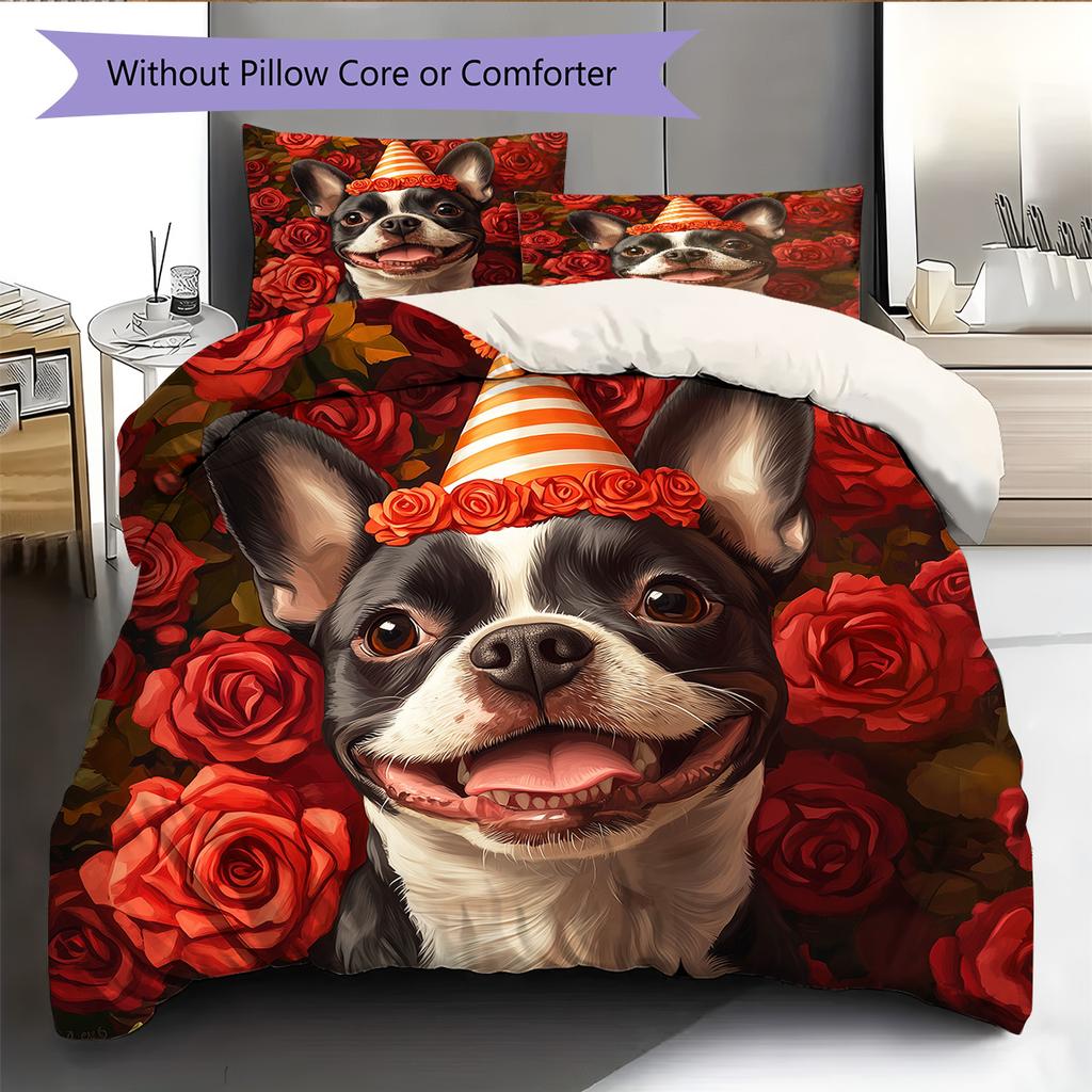 Rose Dog Pattern Bedding Quilt Set Home Decoration Gift (1 * duvet cover + 2 * pillowcase without core)