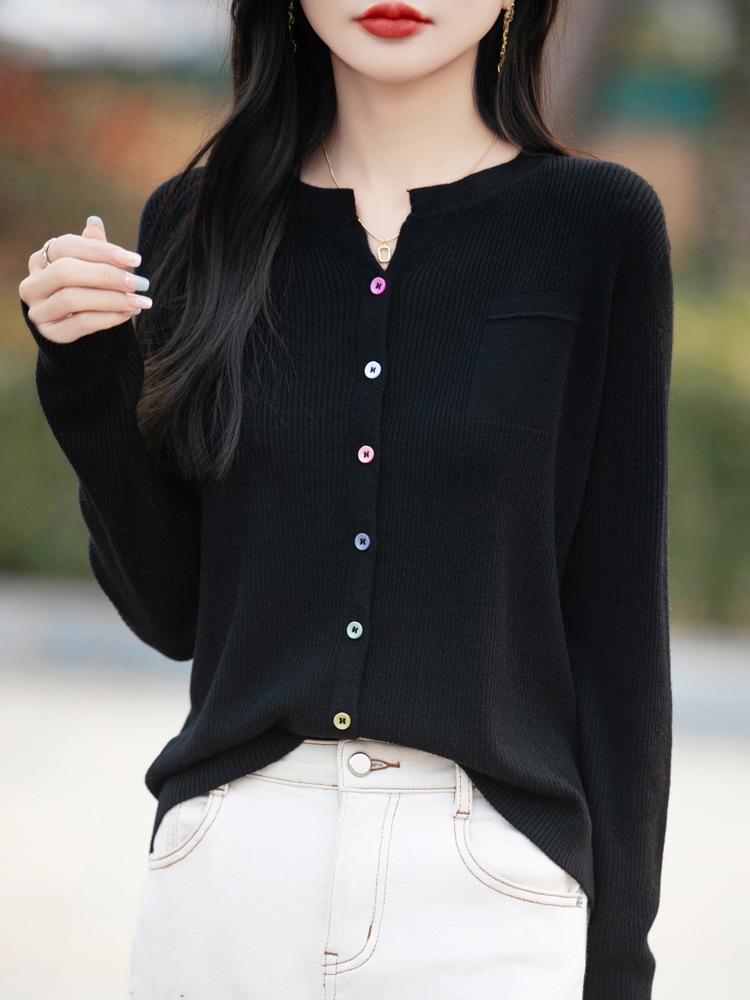 Women's Slimming V-Neck Stripe Button Cardigan for Autumn/Winter